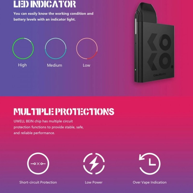 Uwell Caliburn Koko 520mAh ile şık tasarım ve taşınabilirlik bir arada. Hızlı şarj ve kolay kullanım ile keyifli bir deneyim sunar.